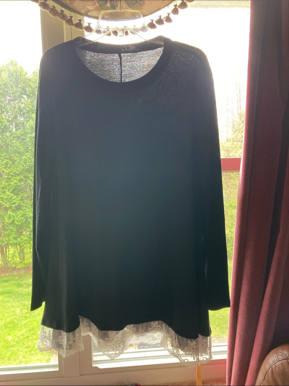 Black Long-Sleeve Top with Cream Lace Trim